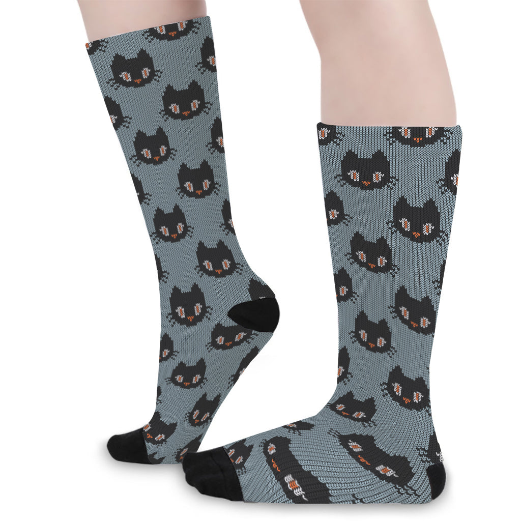 Black Cat Knitted Pattern Print Long Socks