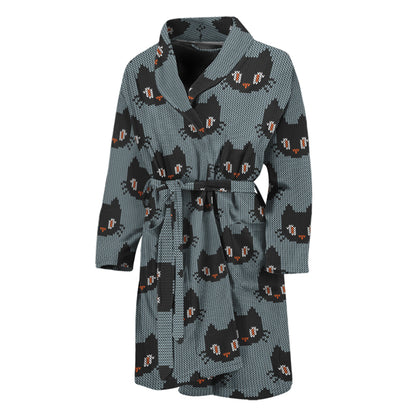 Black Cat Knitted Pattern Print Men's Bathrobe