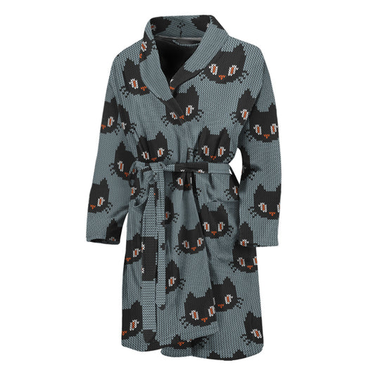 Black Cat Knitted Pattern Print Men's Bathrobe
