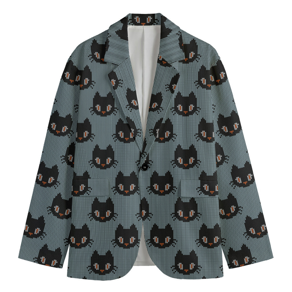 Black Cat Knitted Pattern Print Men's Blazer