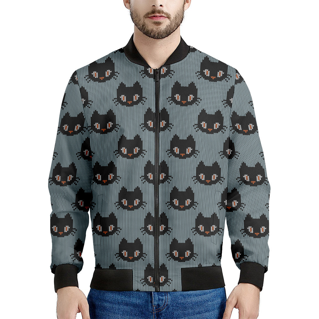 Black Cat Knitted Pattern Print Men's Bomber Jacket