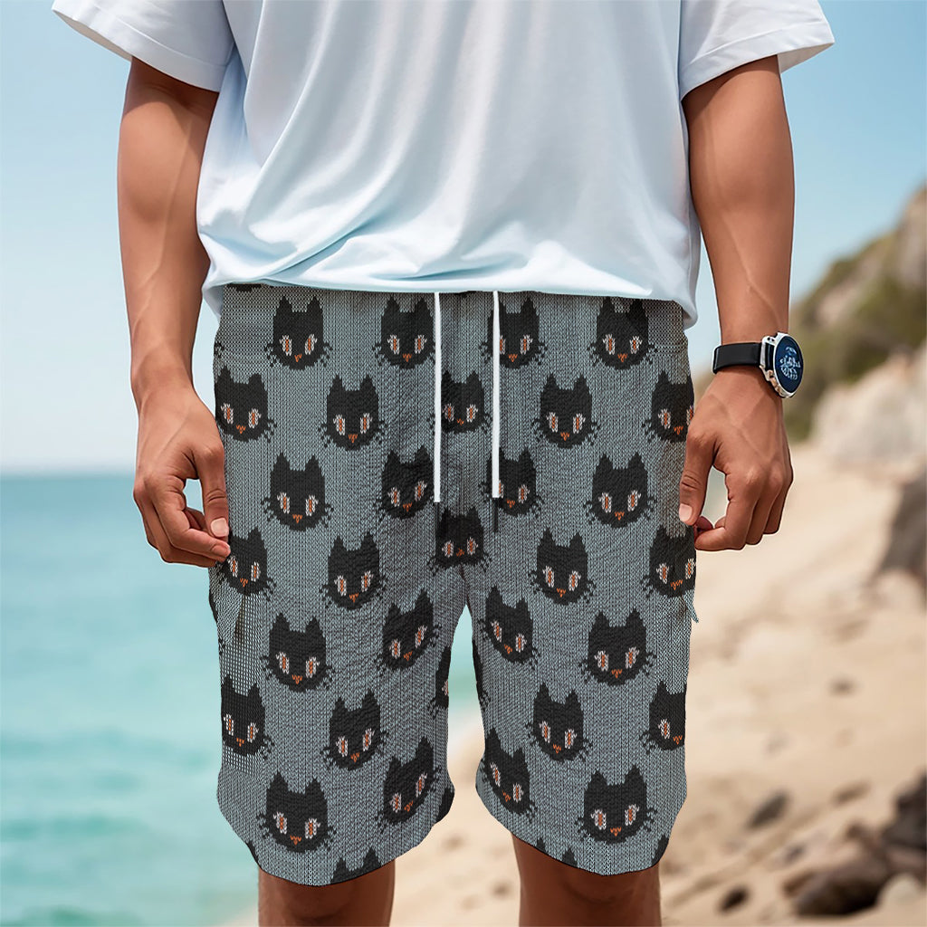 Black Cat Knitted Pattern Print Men's Cargo Shorts