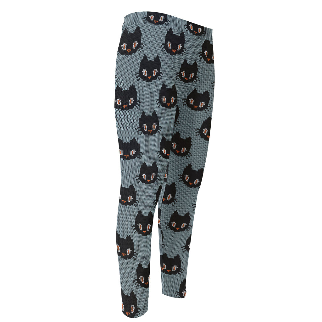 Black Cat Knitted Pattern Print Men's Compression Pants