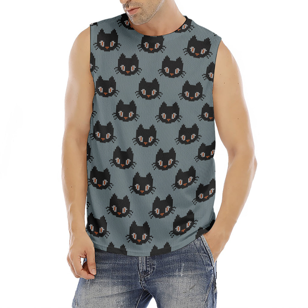 Black Cat Knitted Pattern Print Men's Fitness Tank Top