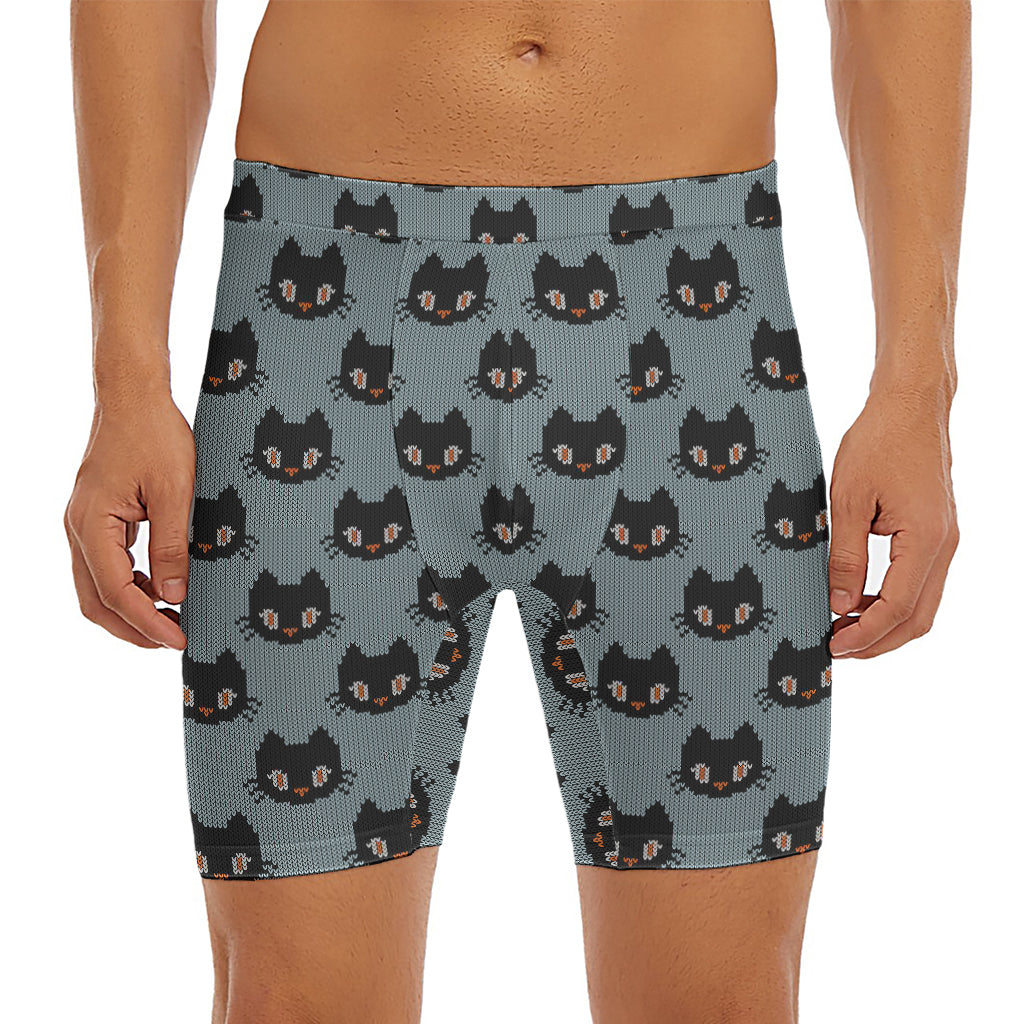 Black Cat Knitted Pattern Print Men's Long Boxer Briefs