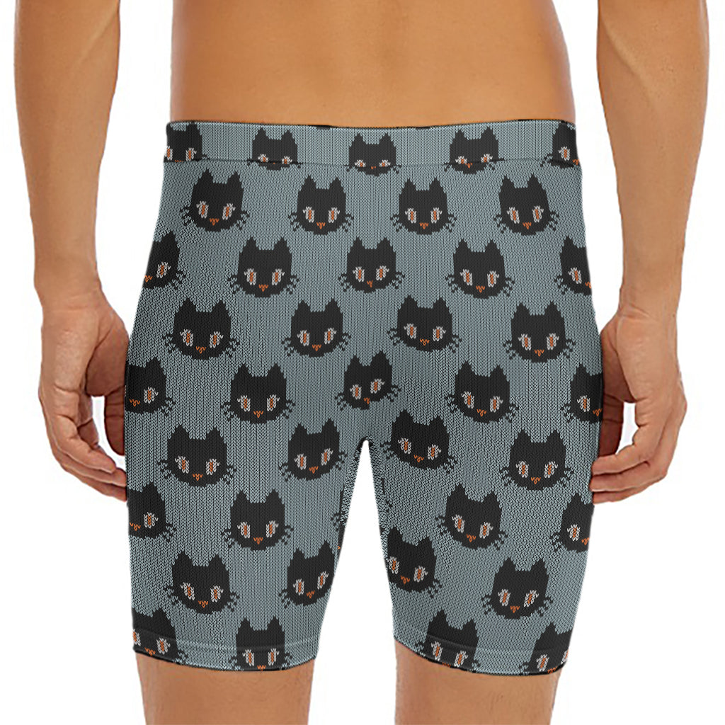 Black Cat Knitted Pattern Print Men's Long Boxer Briefs