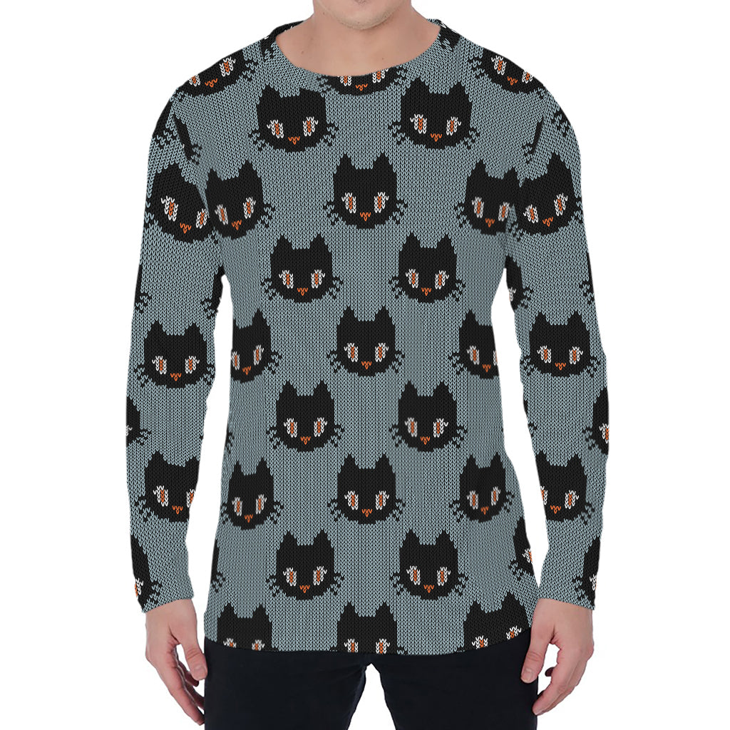 Black Cat Knitted Pattern Print Men's Long Sleeve T-Shirt