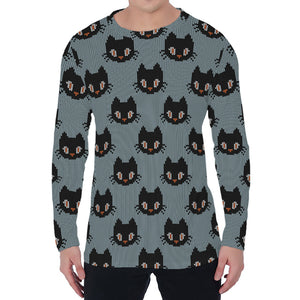 Black Cat Knitted Pattern Print Men's Long Sleeve T-Shirt