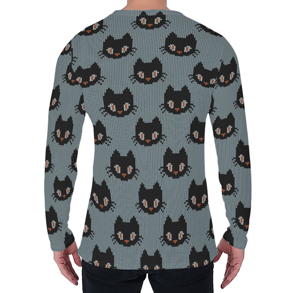 Black Cat Knitted Pattern Print Men's Long Sleeve T-Shirt