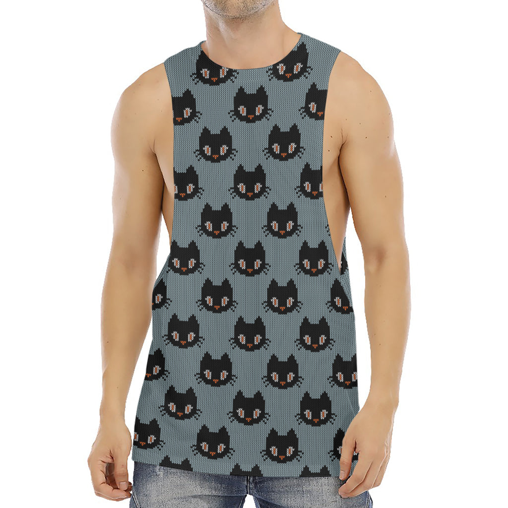 Black Cat Knitted Pattern Print Men's Muscle Tank Top