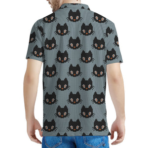 Black Cat Knitted Pattern Print Men's Polo Shirt