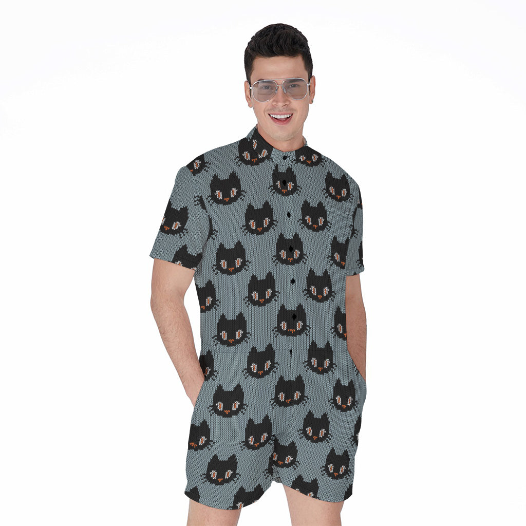 Black Cat Knitted Pattern Print Men's Rompers