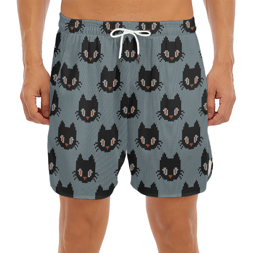 Black Cat Knitted Pattern Print Men's Split Running Shorts