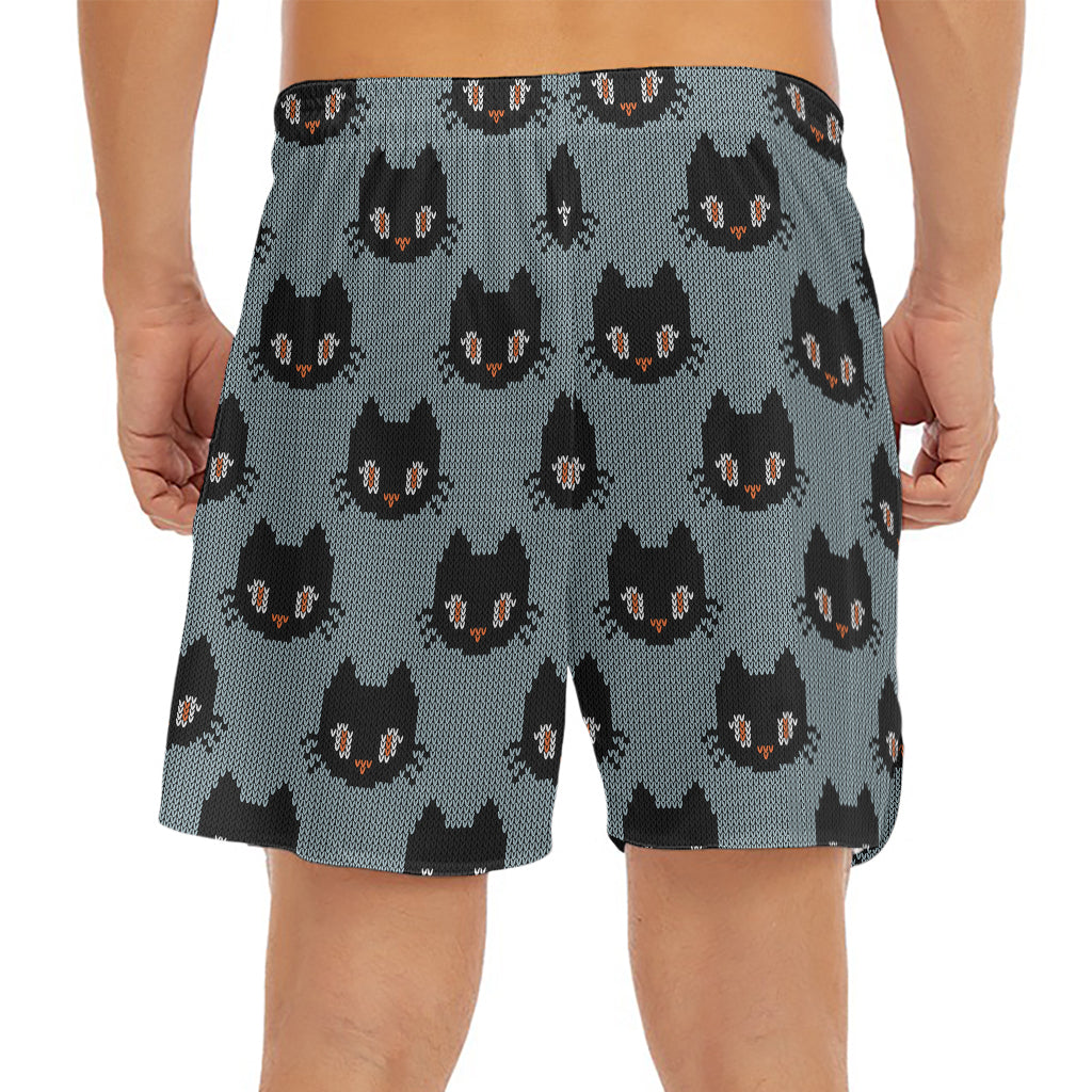 Black Cat Knitted Pattern Print Men's Split Running Shorts