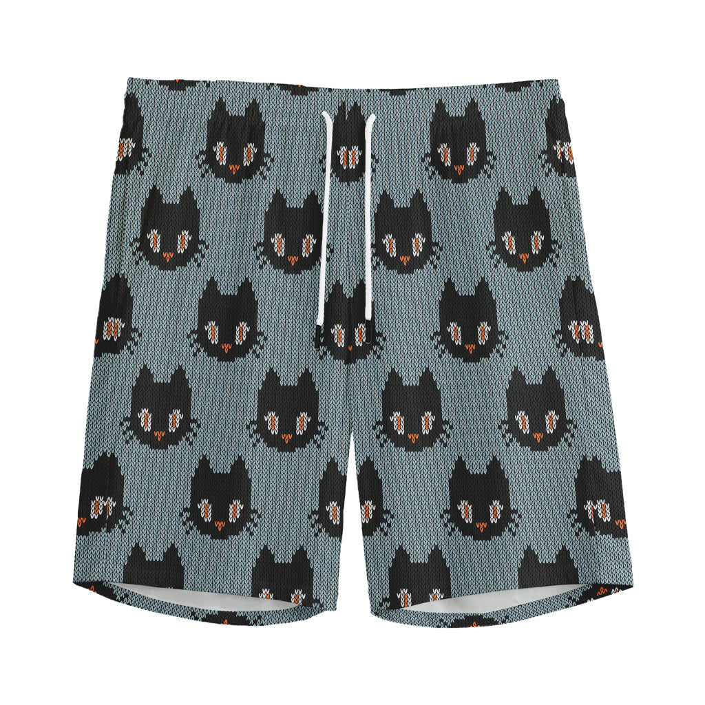 Black Cat Knitted Pattern Print Men's Sports Shorts