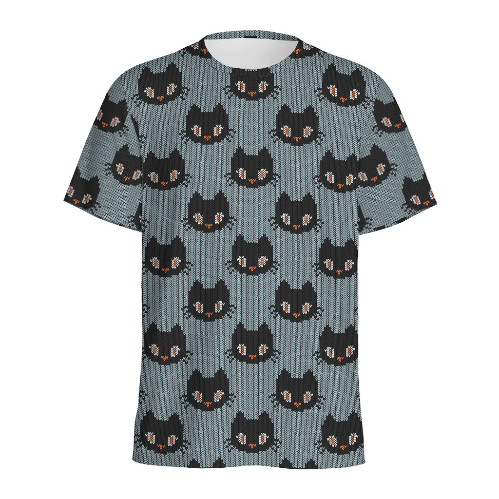 Black Cat Knitted Pattern Print Men's Sports T-Shirt