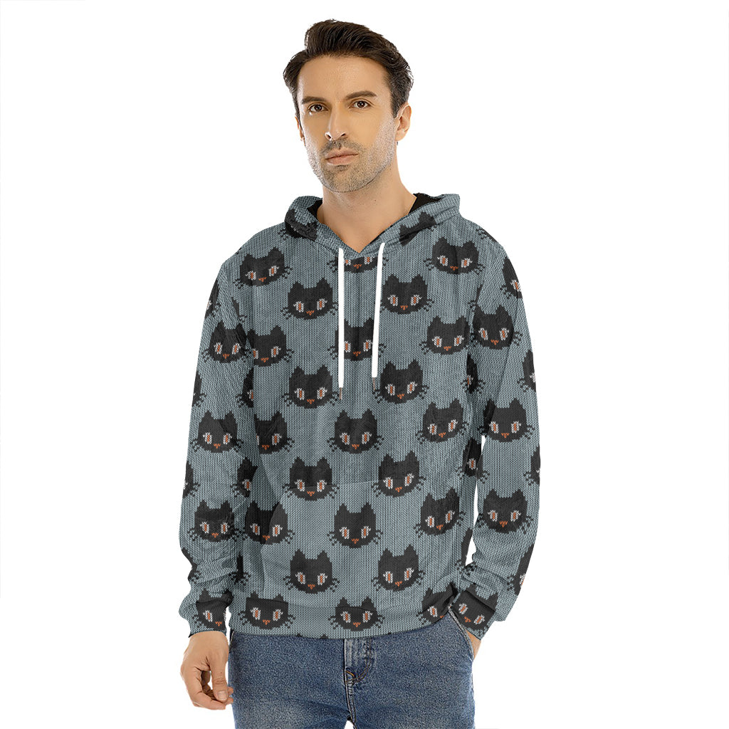 Black Cat Knitted Pattern Print Men's Velvet Pullover Hoodie