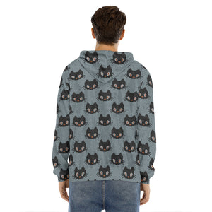 Black Cat Knitted Pattern Print Men's Velvet Pullover Hoodie