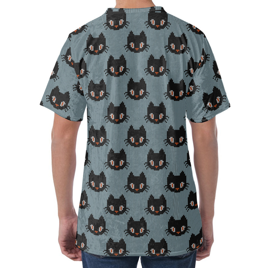 Black Cat Knitted Pattern Print Men's Velvet T-Shirt