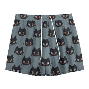 Black Cat Knitted Pattern Print Mesh Shorts