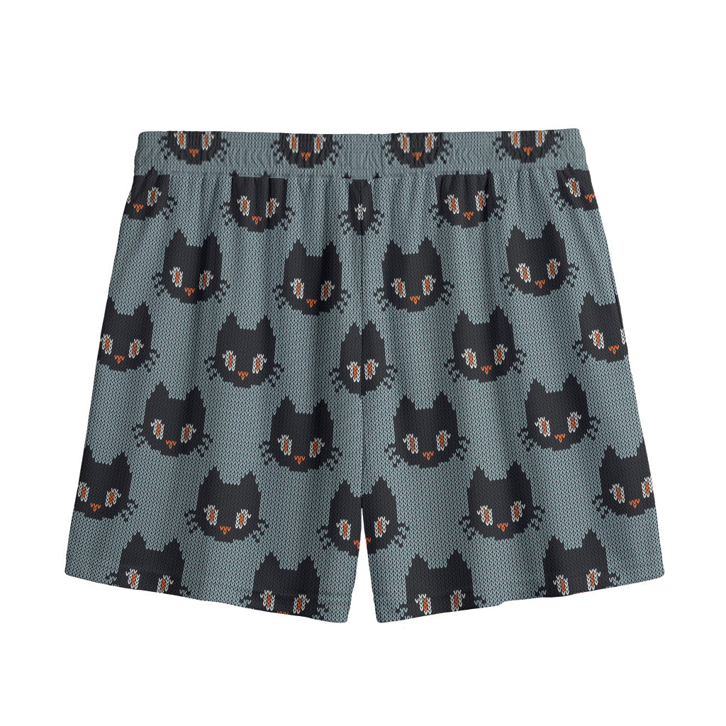 Black Cat Knitted Pattern Print Mesh Shorts