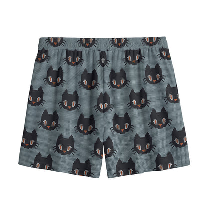Black Cat Knitted Pattern Print Mesh Shorts
