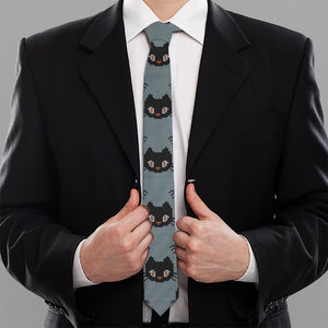 Black Cat Knitted Pattern Print Necktie