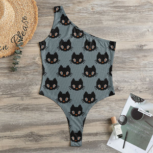 Black Cat Knitted Pattern Print One Shoulder Bodysuit