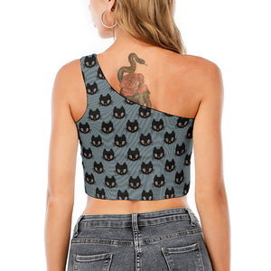 Black Cat Knitted Pattern Print One Shoulder Crop Top