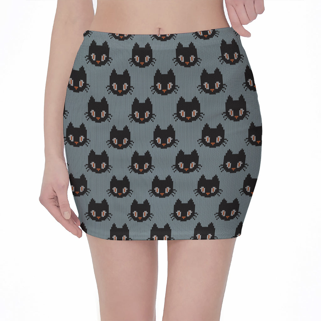 Black Cat Knitted Pattern Print Pencil Mini Skirt