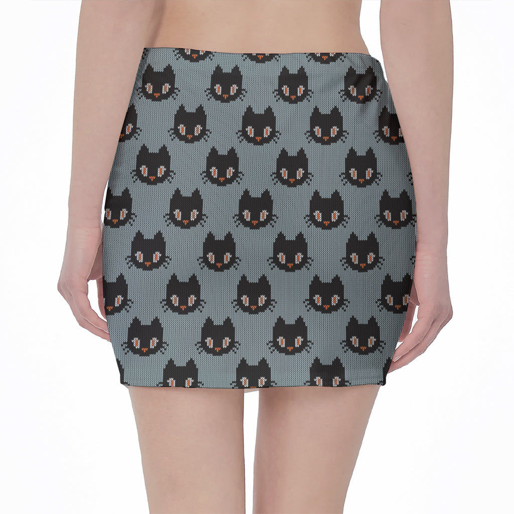 Black Cat Knitted Pattern Print Pencil Mini Skirt