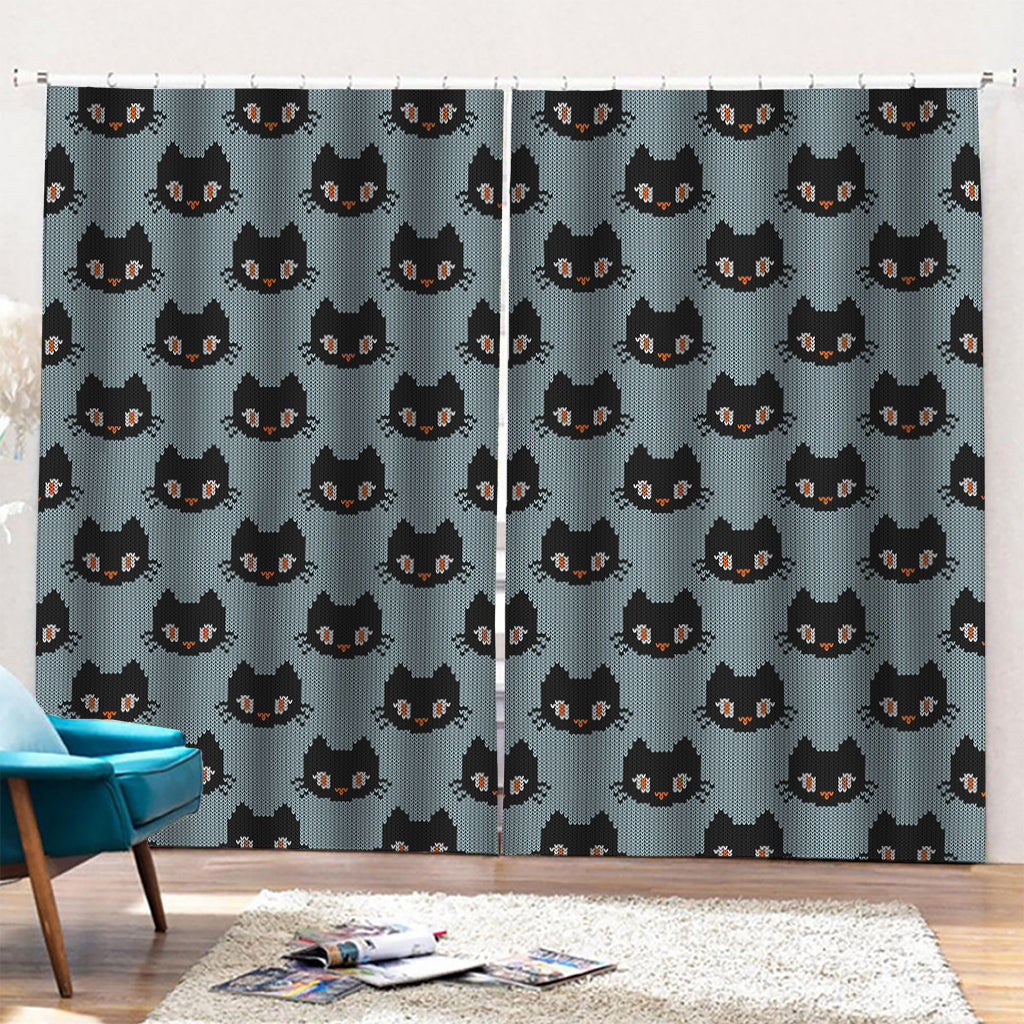 Black Cat Knitted Pattern Print Pencil Pleat Curtains