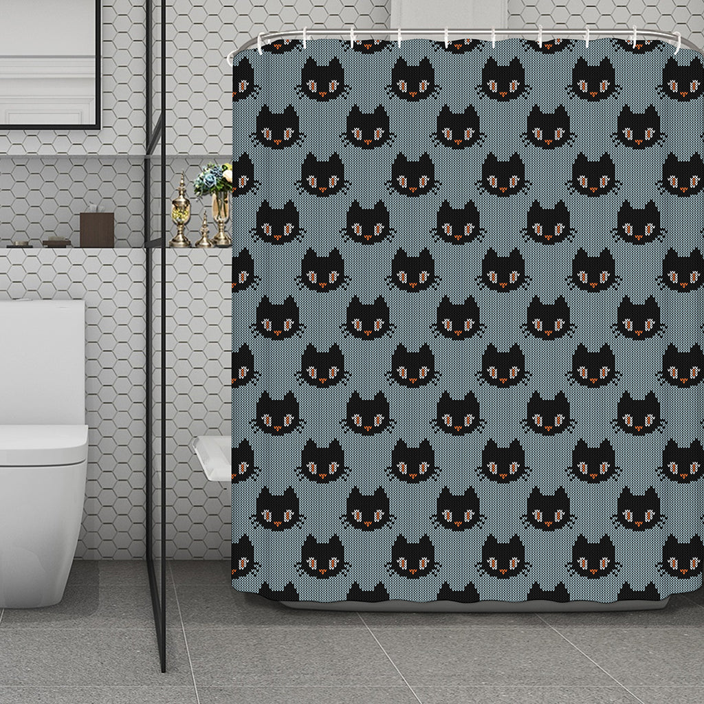 Black Cat Knitted Pattern Print Polyester Shower Curtain