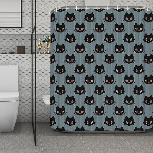 Black Cat Knitted Pattern Print Polyester Shower Curtain