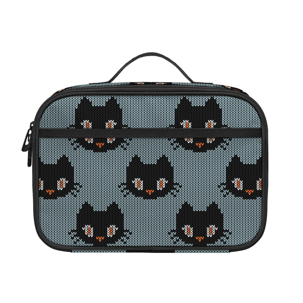 Black Cat Knitted Pattern Print Portable Lunch Bag