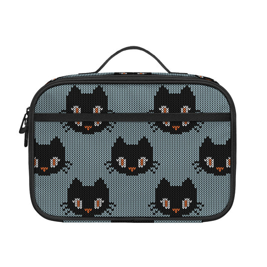 Black Cat Knitted Pattern Print Portable Lunch Bag
