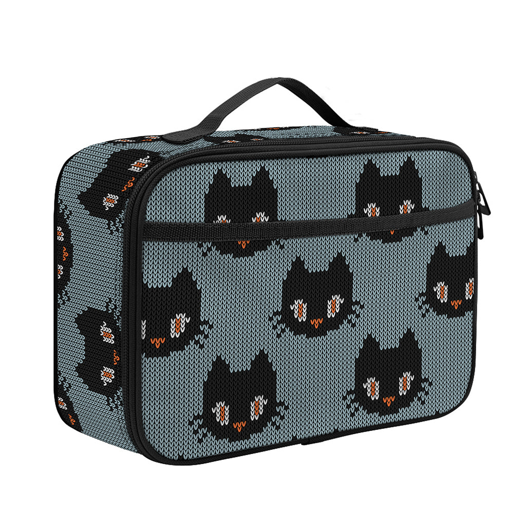 Black Cat Knitted Pattern Print Portable Lunch Bag