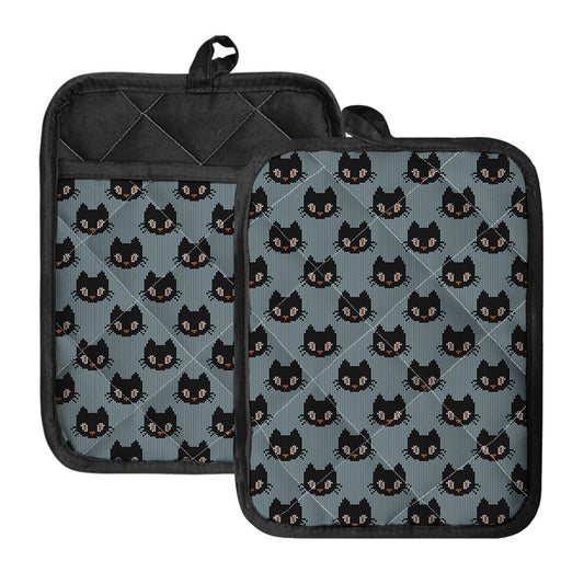Black Cat Knitted Pattern Print Pot Holders With Pocket