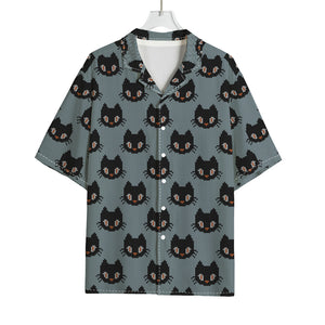 Black Cat Knitted Pattern Print Rayon Hawaiian Shirt