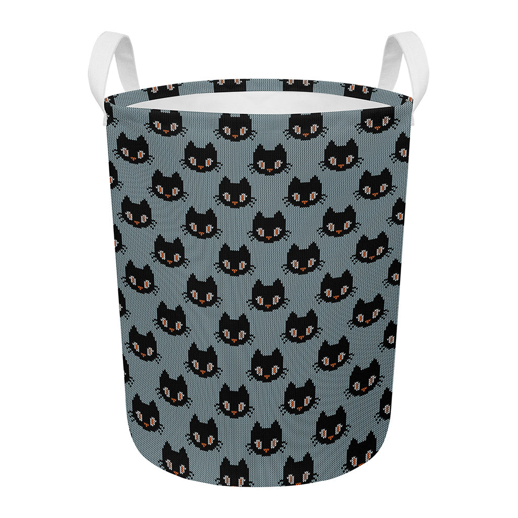 Black Cat Knitted Pattern Print Round Laundry Basket