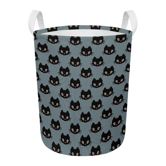 Black Cat Knitted Pattern Print Round Laundry Basket