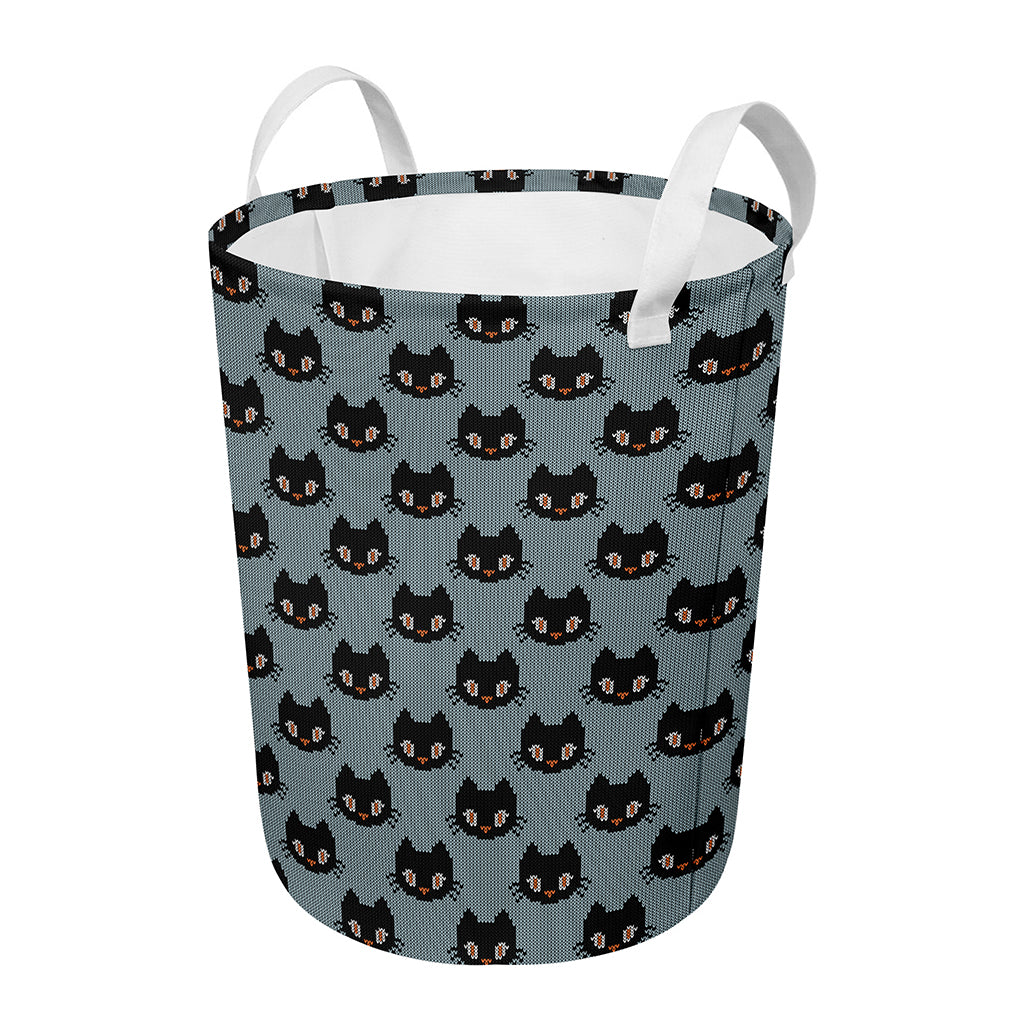 Black Cat Knitted Pattern Print Round Laundry Basket