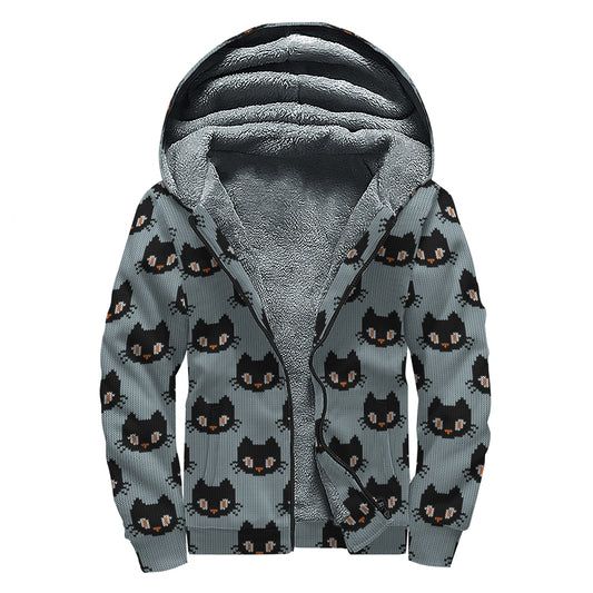 Black Cat Knitted Pattern Print Sherpa Lined Zip Up Hoodie