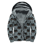 Black Cat Knitted Pattern Print Sherpa Lined Zip Up Hoodie