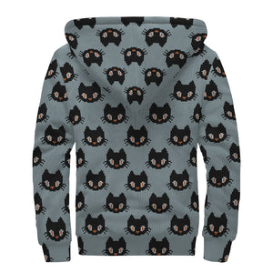 Black Cat Knitted Pattern Print Sherpa Lined Zip Up Hoodie