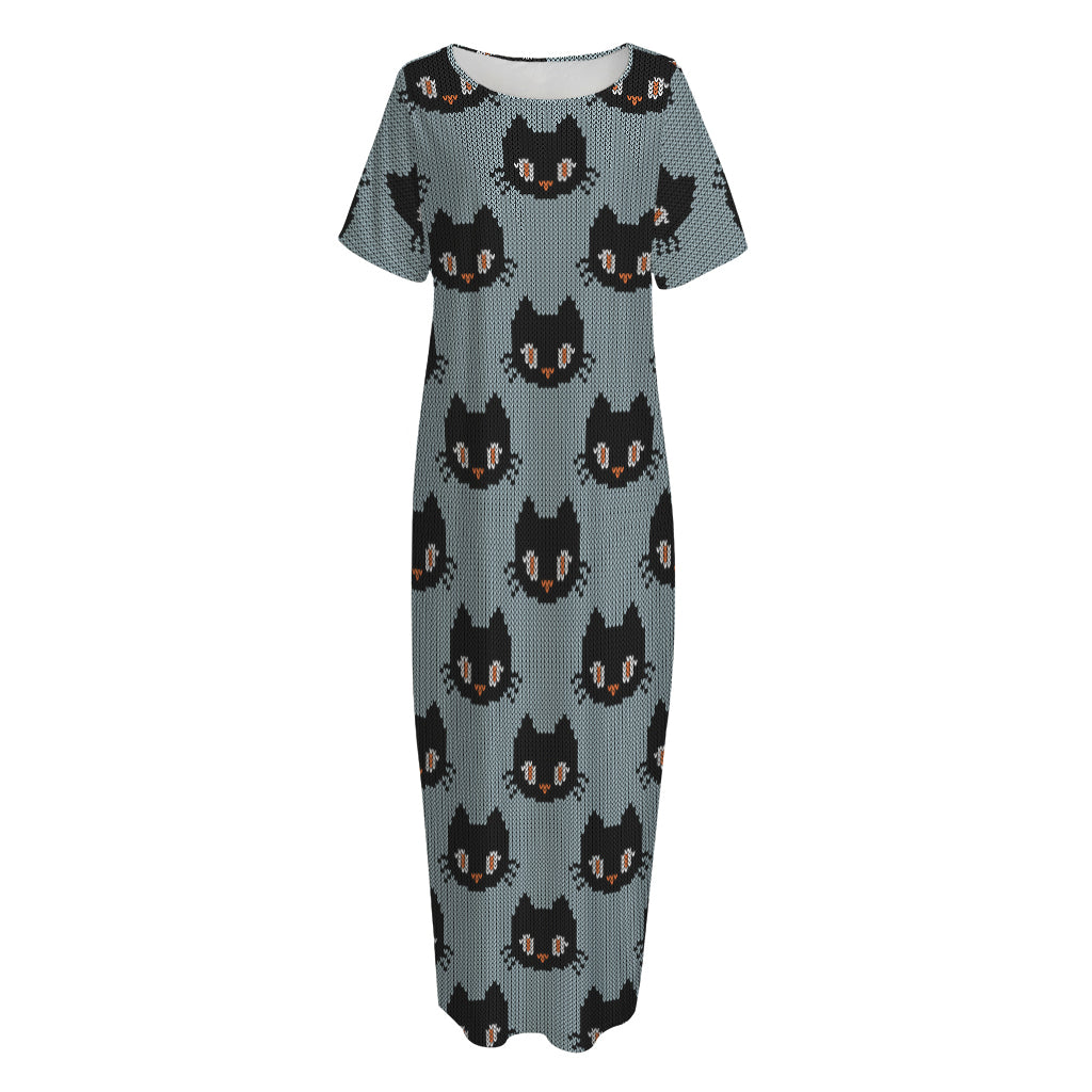Black Cat Knitted Pattern Print Short Sleeve Long Nightdress Black Cat Knitted Pattern Print Short Sleeve Long Nightdress