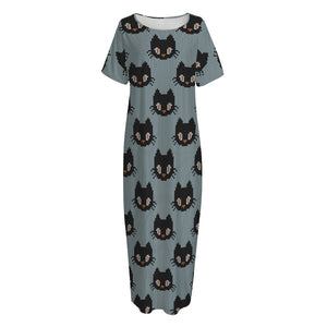 Black Cat Knitted Pattern Print Short Sleeve Long Nightdress