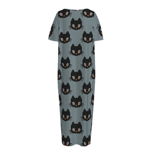 Black Cat Knitted Pattern Print Short Sleeve Long Nightdress