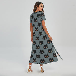 Black Cat Knitted Pattern Print Short Sleeve Maxi Dress