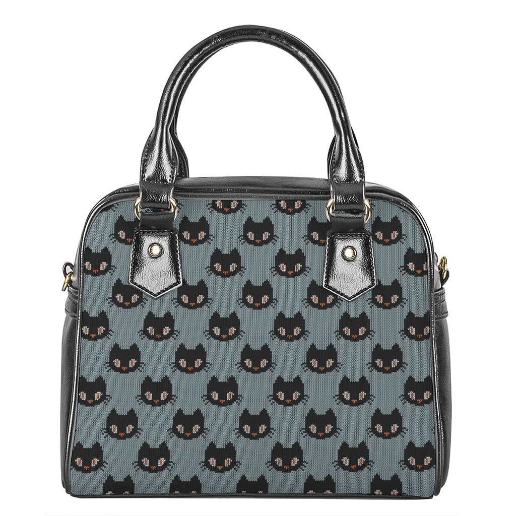 Black Cat Knitted Pattern Print Shoulder Handbag